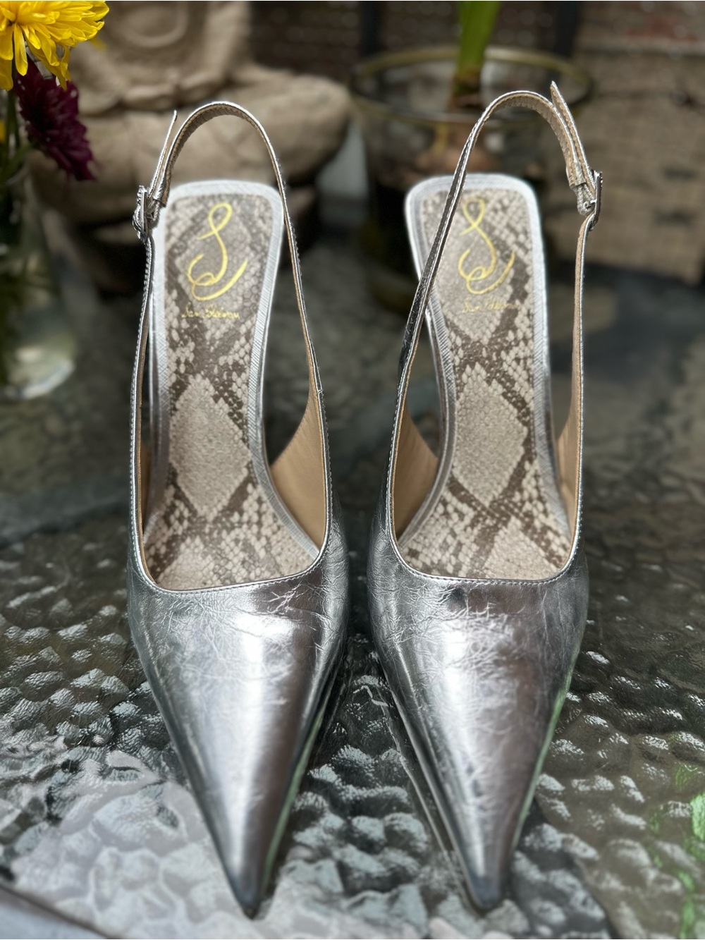 Sam Edelman Odette Metallic Silver Pointed-Toe Slingback Heels